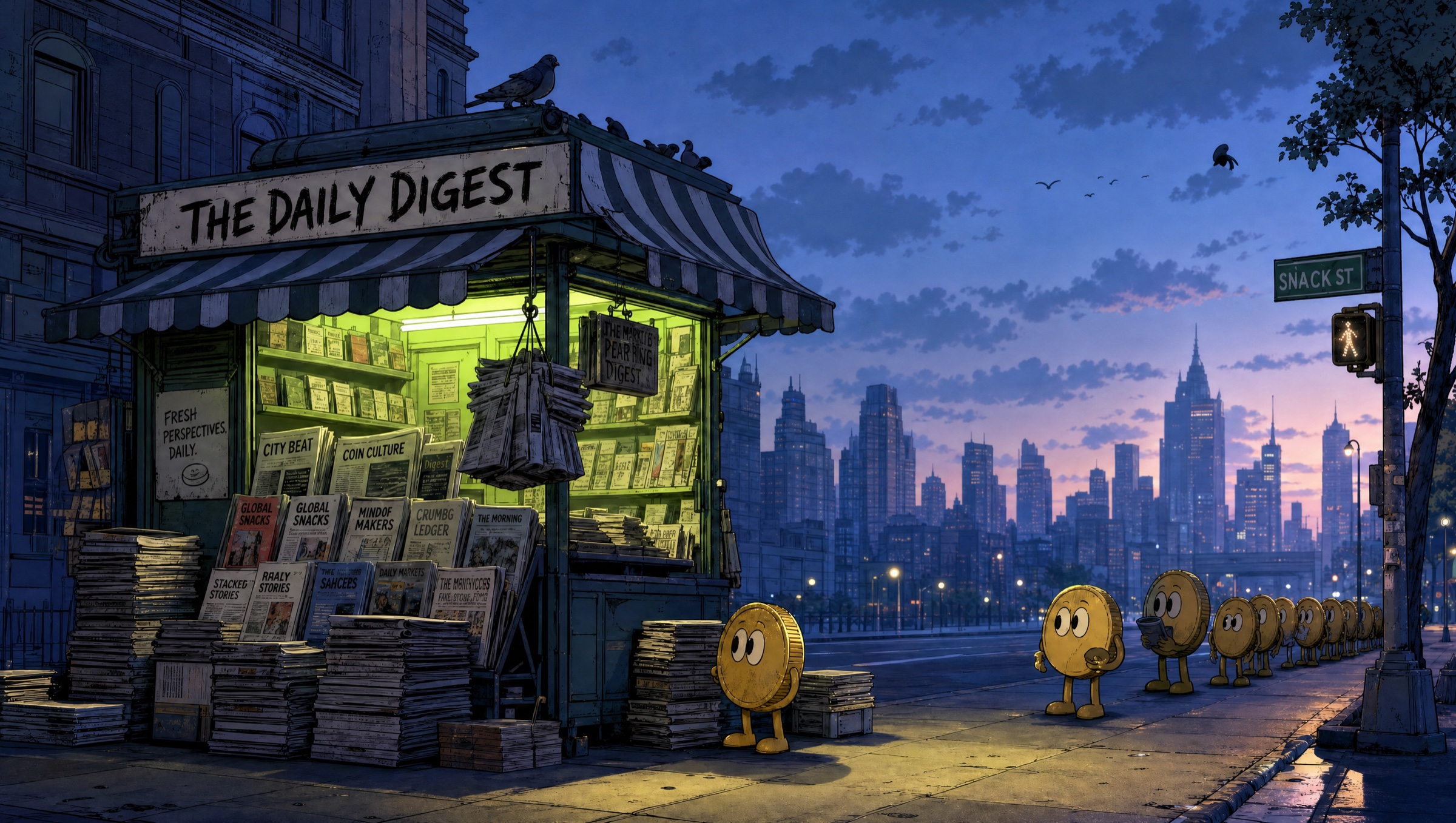 A newsstand called The Daily Digest at dawn, with a queue of coin characters waiting along the sidewalk.