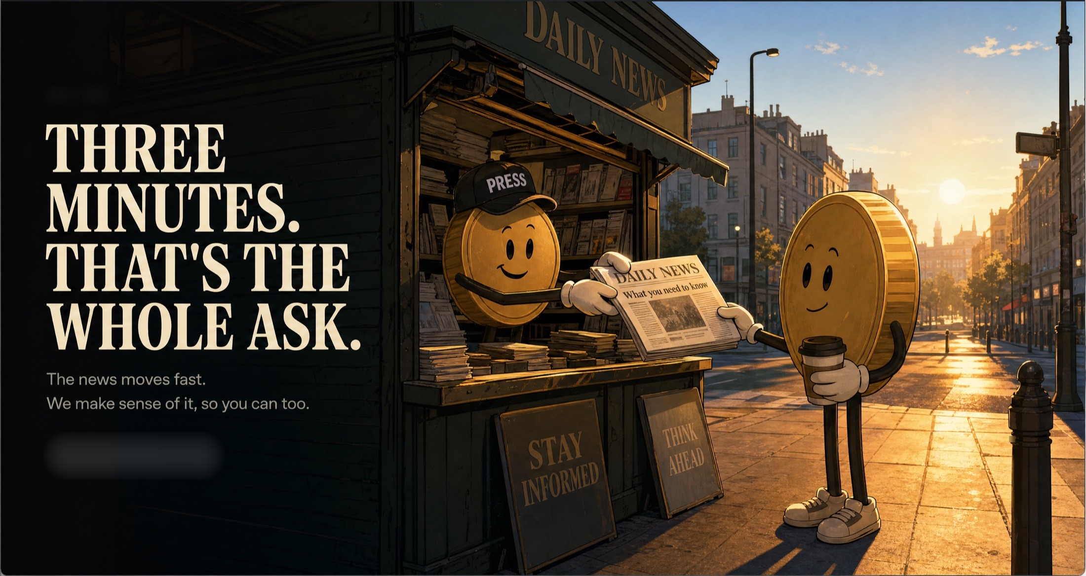 Dawn at the newsstand: a coin character in a PRESS cap hands a paper to another holding coffee, beside the line three minutes, that's the whole ask.