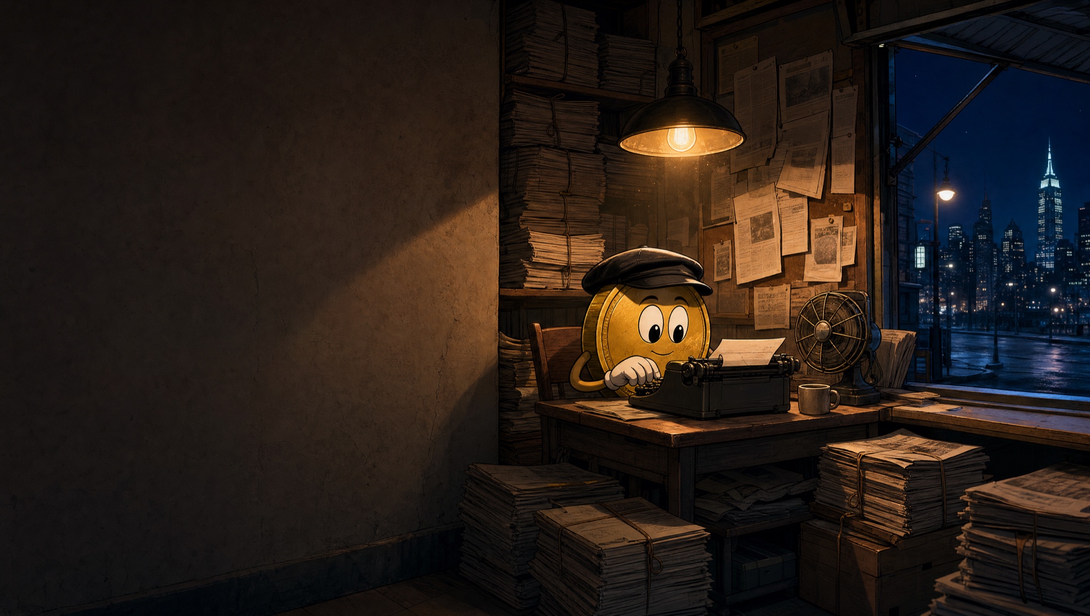Inside the kiosk before dawn: a coin character in a PRESS cap types at a desk under a hanging bulb, surrounded by bundles of newspapers, the city still dark outside.