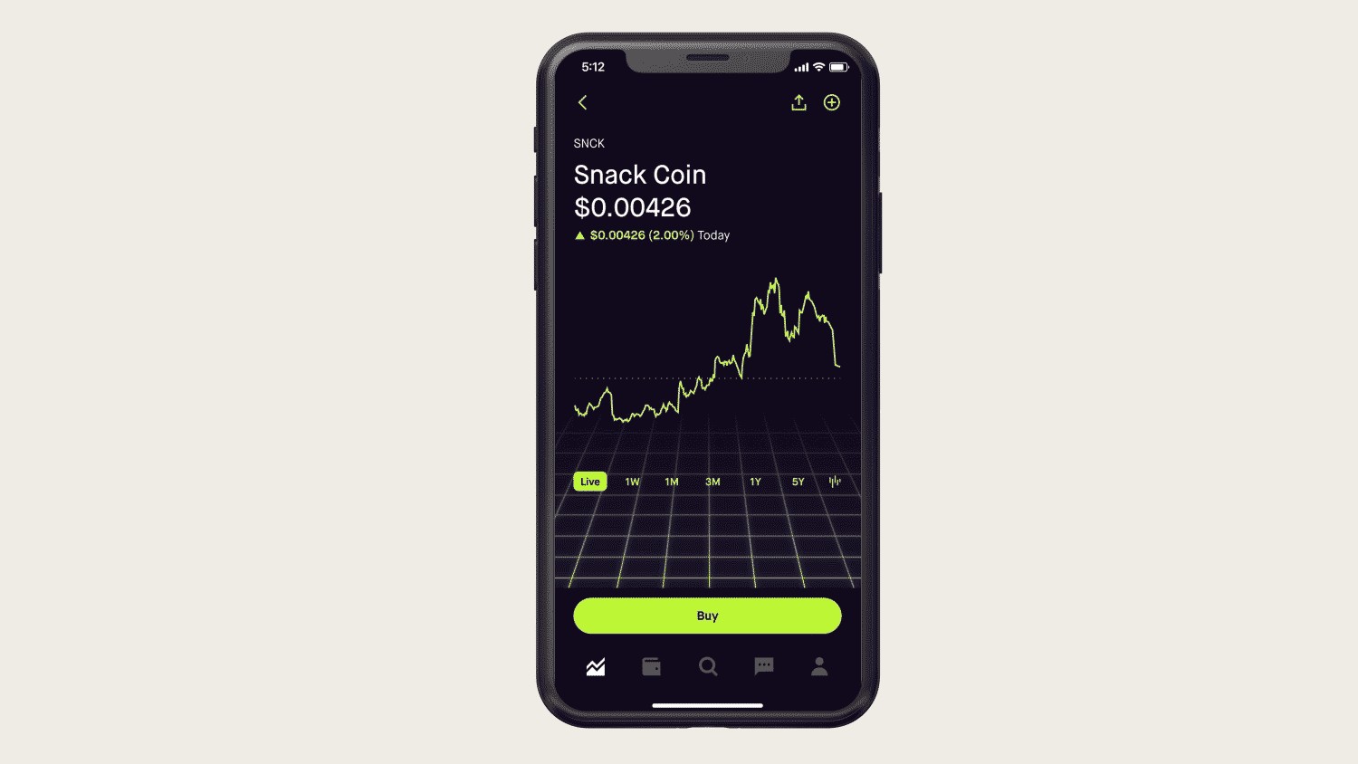Robinhood product demo showing Snack Coin with ticker SNCK in the app