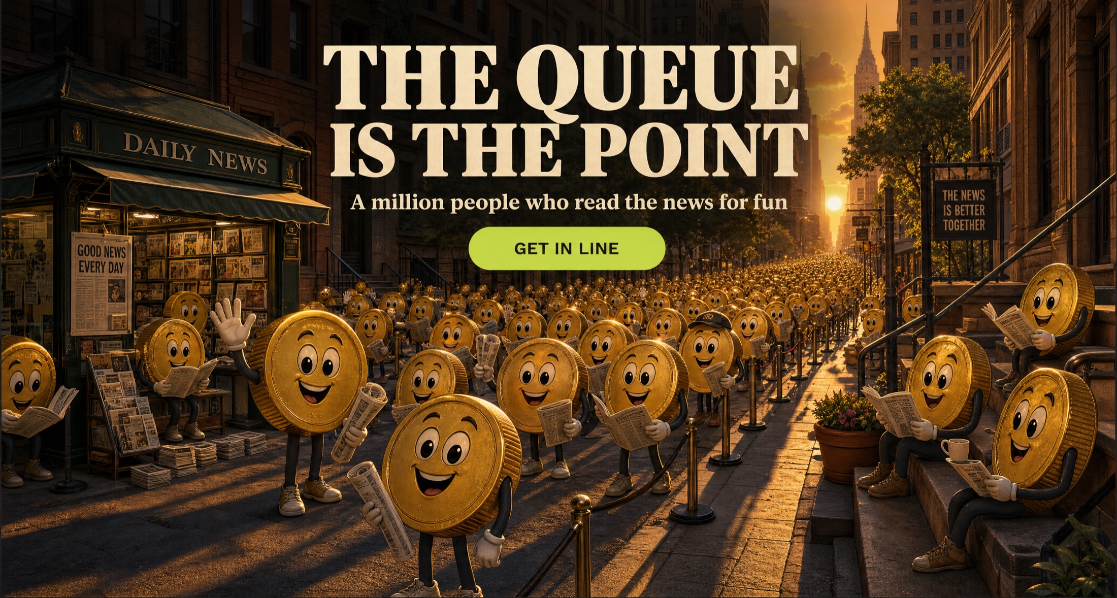 Golden hour on the avenue, filled with a crowd of coin characters holding newspapers, under the line the queue is the point.